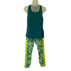 Fabletics Workout outfit top and leggings | Teal, Lime Green, Animal Print | S